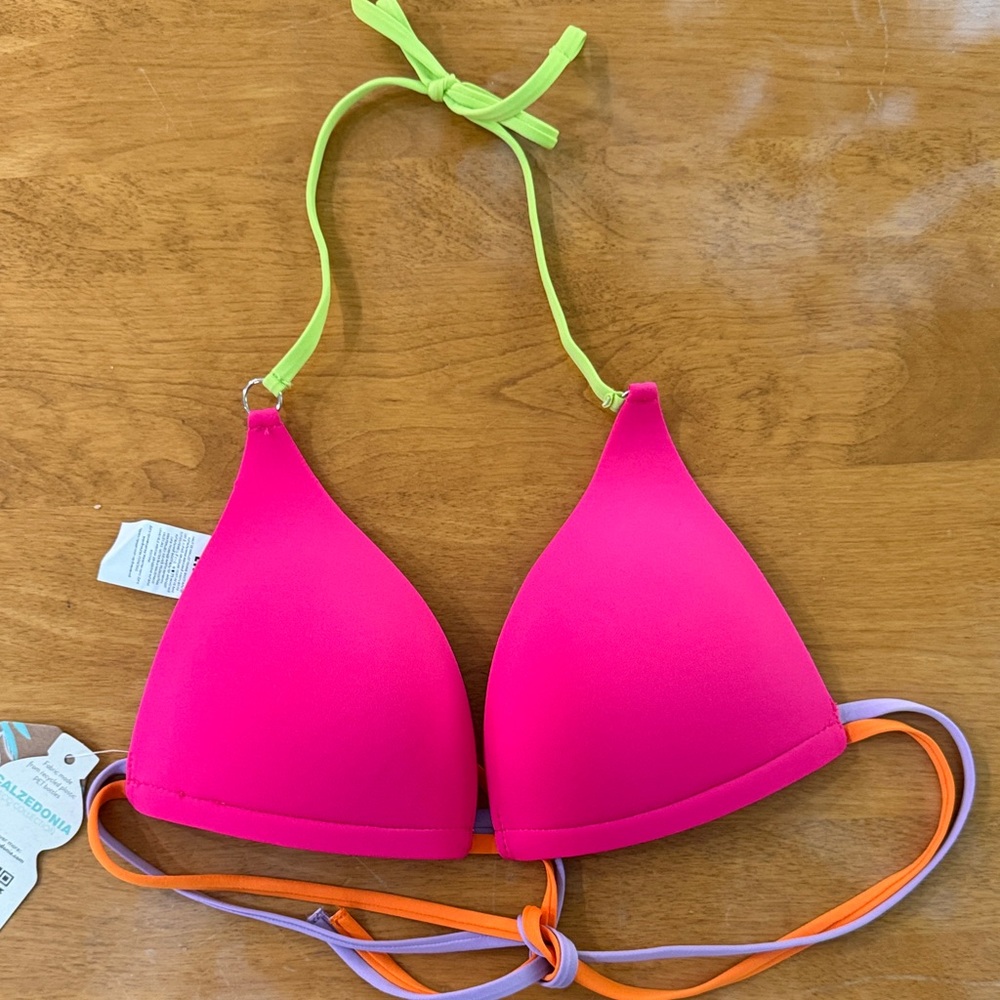 Neon Pink Bikini Top with Multicolor Straps